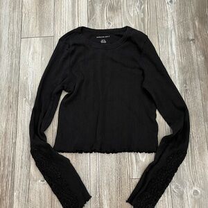 American Eagle Outfitters Black Ribbed Lace-Trim Long Sleeve Top